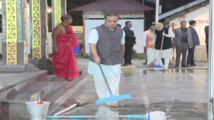 Amit Shah, Himanta Biswa Sarma perform Swacchta Sewa at Mahabhairab temple at Tezpur