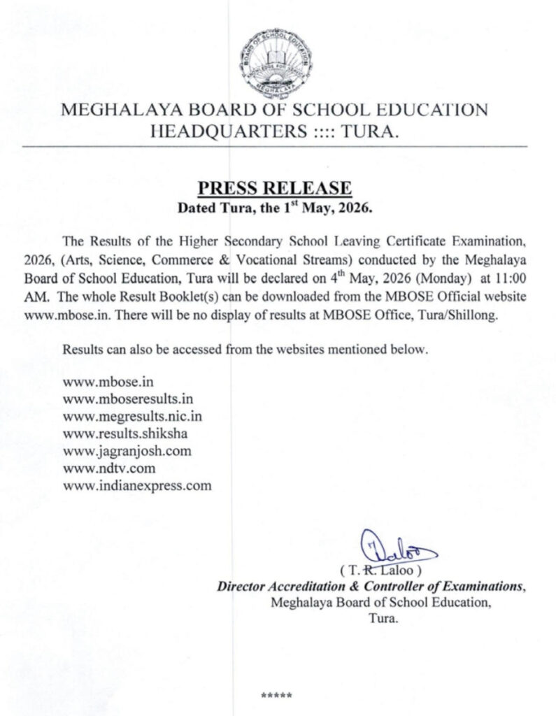 Pynbna ka MBoSE ban pynlait ia ka Result HSSLC ha ka 4 tarik Jymmang